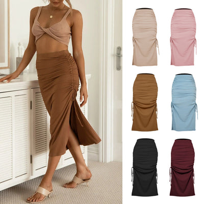 Gathered Waist Tie Long Wrap Skirt for Women