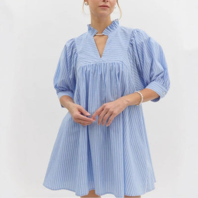 Chic Women's Short Sleeve Dress with Ruffle & Stand-Up Collar