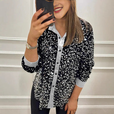 Sequined Blouse with Classic Collar for Women