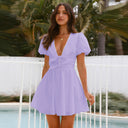 Short Sleeve Mini Dress with V-Neck and Elastic Waist