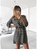 Chic Geometric Patterned Shirt Dress with Waist Belt