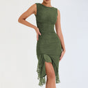 Chic Cocktail Dress with Ruffle Accents and Asymmetrical Hem