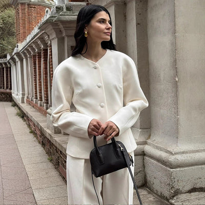 Chic Women's Blazer Jacket with Puff Sleeves & Button Detail