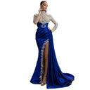 Chic Evening Dress with Lace Appliqués & High Slit