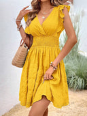 Women's Flowy Dress with Ruffled Cutouts and Elastic Waistband