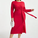 Women's Long Sleeve Dress with Knot and Side Slit Design