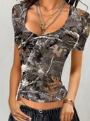 Women's V-Neck Camouflage Tee in Trendy Design