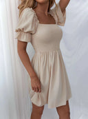 Chic Women's Puff Sleeve Short Dress with Gathered Bodice