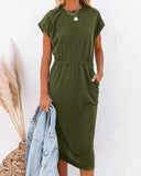 Chic Midi Dress with Elastic Waist and Pockets