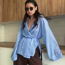 Women's Linen Blouse with Tied Belt