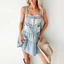 Chic Denim Pinafore Dress with Lace Trim and Frayed Hem