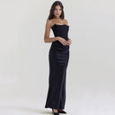 Women's Long-Sleeved Evening Dress with Structured Bodice and Ruffled Waistline