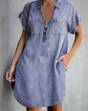 Chic Chambray Dress with Zipper and Handy Pockets