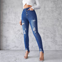 Chic High-Waist Skinny Jeans with Ripped Accents and Button Design