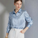 Chic Satin Blouse with Stylish Collar and Flowing Sleeves