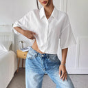 Textured Women's Short Sleeve Blouse with Modern Collar