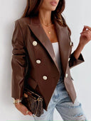 Stylish Women’s Faux Leather Blazer with Double Button Closure