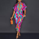 Stylish Women's Denim Midi Dress with Unique Patchwork & Waist Belt
