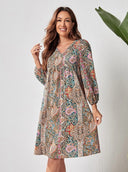Chic Women's Deep V-Neck Dress with Long Sleeves