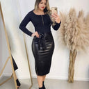 Stylish Faux Leather Skirt with Bow Waist and Side Slit