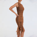 Chic Cocktail Dress with Ruffle Accents and Asymmetrical Hem