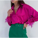 Chic Satin Blouse with Feather Accents