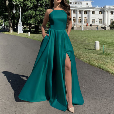 Chic Evening Gown with Stylish Leg Slit and Delicate Straps
