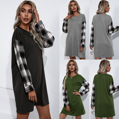 Chic Women's Sweatshirt Dress with Checkered Sleeves