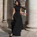 Chic Maxi Dress with Stand-Up Collar and Side Slits