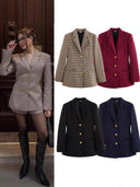 Checked Blazer with Golden Buttons and Pocket Design