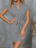 Striped Women's Short-Sleeve Wrap Dress with Waist Belt