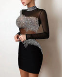 Chic Mini Dress with Sheer Sleeves and Rhinestone Details