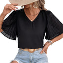 Chic Women's V-Neck Blouse with Pleated Sleeves