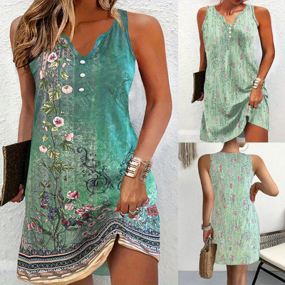 Chic Women's V-Neck Sleeveless Summer Dress with Button Accents