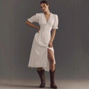 Stylish Midi Dress with Puff Sleeves and Button Placket
