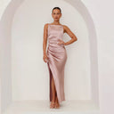 Chic Satin Evening Gown with Stylish Slit