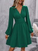 Chic Knee-Length Wrap Dress with Stylish Puff Sleeves