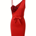 Glittering Evening Dress with Waist Belt for Women