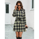 Checkered Pattern Women's Shirt Dress with Belt