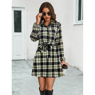 Checkered Pattern Women's Shirt Dress with Belt