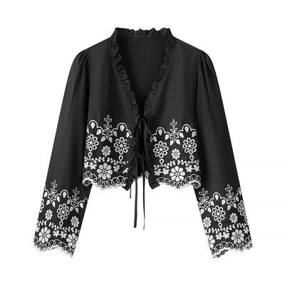 Floral Embroidered Ruffle Blouse for Women