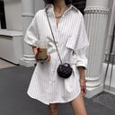 Sporty Striped Women's Shirt Dress with Short Sleeves