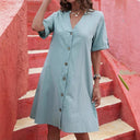 Chic Women's Knee-Length Shirt Dress with Short Sleeves