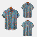 Chic Women’s Short Sleeve Blouse with Stand-Up Collar and Floral Design