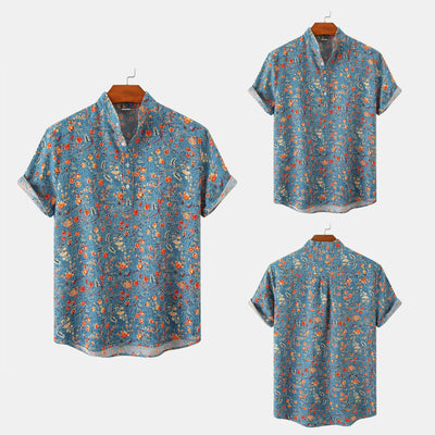Chic Women’s Short Sleeve Blouse with Stand-Up Collar and Floral Design