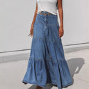 Boho Chic Women's Denim Maxi Dress with Ruffled Skirt