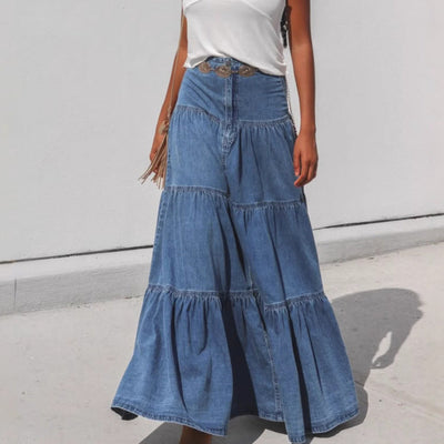 Boho Chic Women's Denim Maxi Dress with Ruffled Skirt