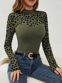 Chic Long Sleeve Patterned Bodysuit with High Collar