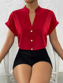 Stylish Short Sleeve Blouse with Stand-Up Collar and Button Accents