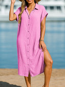 Chic Women's Short Sleeve Shirt Dress with Button Placket & Slits